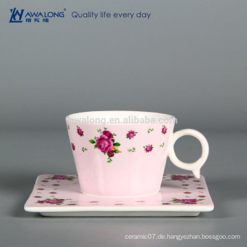 Pink Pattern Rose Malerei Täglich verwendet Kaffee Porzellan Cup Designs, Keramik Cups Trinkbecher und Untertassen Set